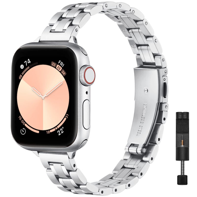 STIROLL Thin Replacement Band Compatible for Apple Watch 49mm 46mm 45mm 44mm 42mm(Series 3 2 1), Stainless Steel Metal Wristband Women Men for iWatch Ultra SE Series 11 10 9 8 7 6 5 4, Silver - Image 1